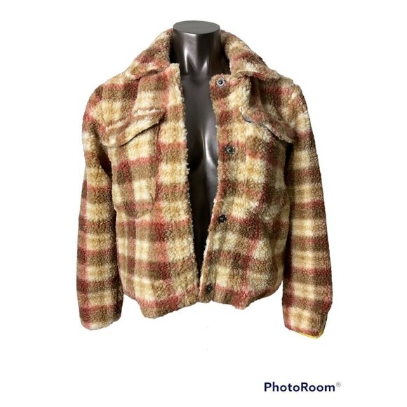 𝅺AVEC Les Filles Women's Sherpa Short Plaid Jacket Size Small New